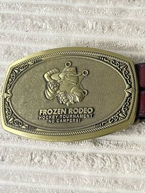 Vintage Frozen Rodeo Hockey Tournament buckle & Brown Braided Leather Concho